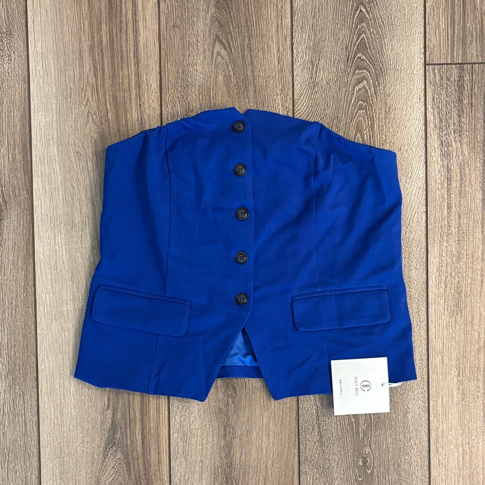 Blue Strapless Button-Up Vest Top